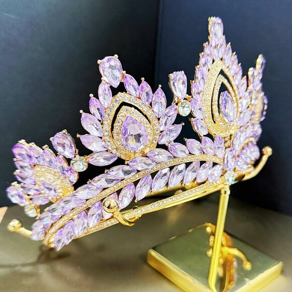 Quinceanera Crown, Purple Rhinestone Crown, Large Size Crown, Gold Crystal Crown - Picture 2 of 7